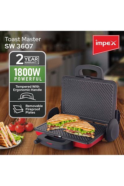 İMPEX Impex Turkish Toaster Sandwich Maker Anti-Stick Coating 4 Large Slice 3 Temperature Controller 1800W
