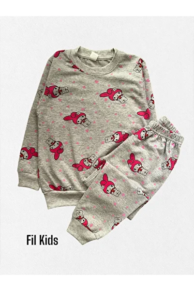 Fil Kids Girl's 100% Cotton Gray Color Raster My Melody Print Long Sleeve Winter Pajamas Set