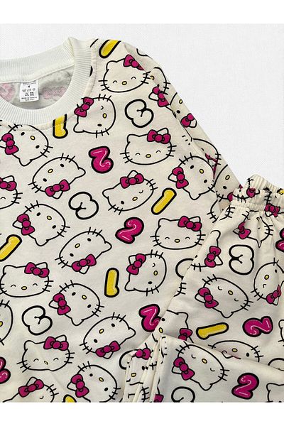 Fil Kids Girl's Hello Kitty Print Cream Color Raster 100% Cotton Long Sleeve Winter Pajamas Set