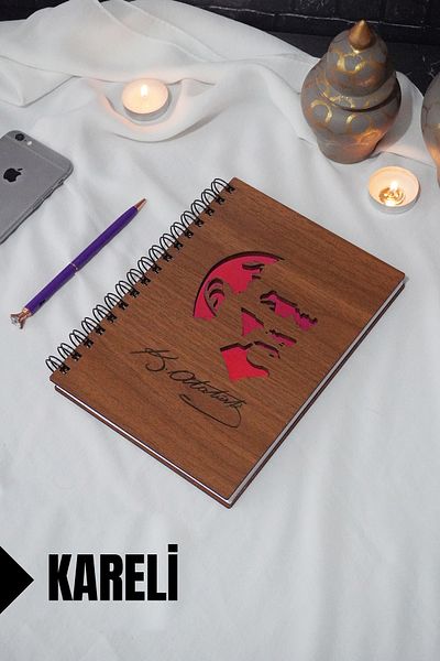 markcat Ataturk Themed Agenda and School Notebook - Wooden Cover, Checked Notebook (A5 - 120 Sheets)