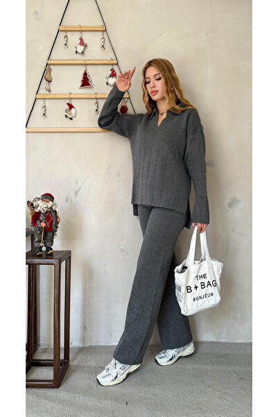 Angel Mia طقم بنطال تريكو بياقة بولو أنثراسايت