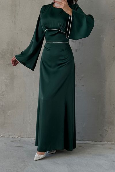 LEYUZE BUTİK Βραδινό φόρεμα Hijab με μανίκια και μέση με μαργαριταρένια πέτρα με λεπτομέρειες