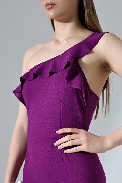 Deafox Φόρεμα από ύφασμα κρεπ με λεπτομέρεια Plum One Shoulder