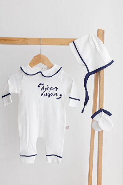 Bebe wini İsme Özel Baskılı Bonet Şapkalı 3'lü Pamuklu Tulum Seti