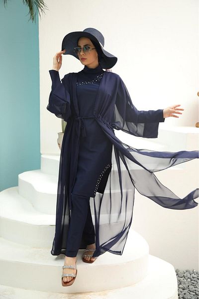NS TASARIM MAYO Basic Lace-Up Navy Blue Design Hijab Pareo