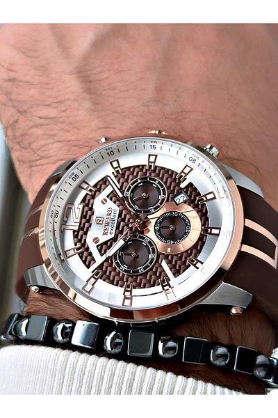 Reward Brown Silicone Sports Steel Case Business Men's Wrist Watch + Bracelet