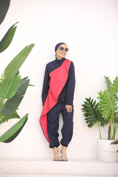ns tasa Ocean Fuchsia Stripe Navy Blue Design Hijab Jumpsuit Swimsuit