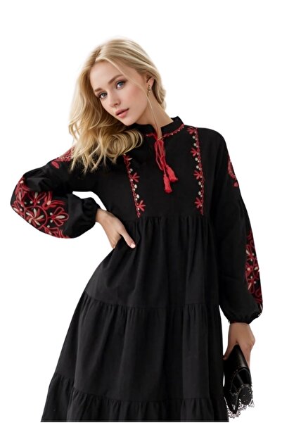 Cassime Γυναικείο φόρεμα με μαύρο μπαλόνι με κεντημένο γιακά με κορδόνι χωρίς...