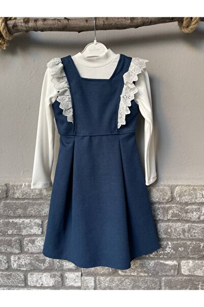Linoş Kids Kız Çocuk Elbise Dantel Detaylı 2'li Badi Keten Elbise
