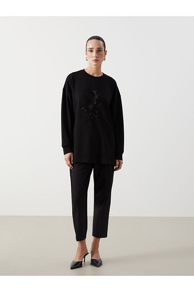 LC Waikiki Lcwaikiki Classic Black Crew Neck Bead Embroidered Women's Sweatshirt Tunic