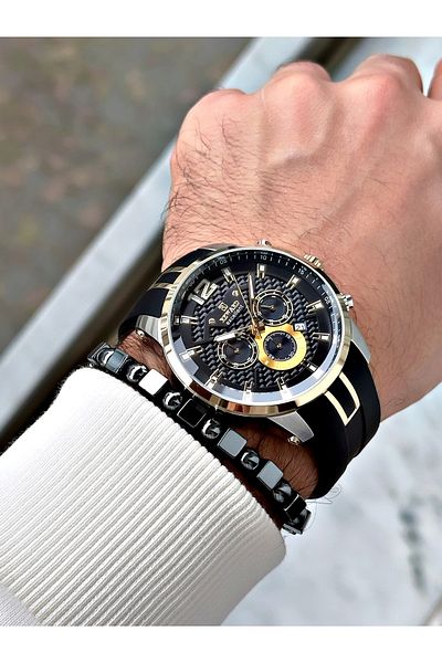 Reward Black Color Silicone Sports Steel Case Business Men's Wrist Watch+Bracelet