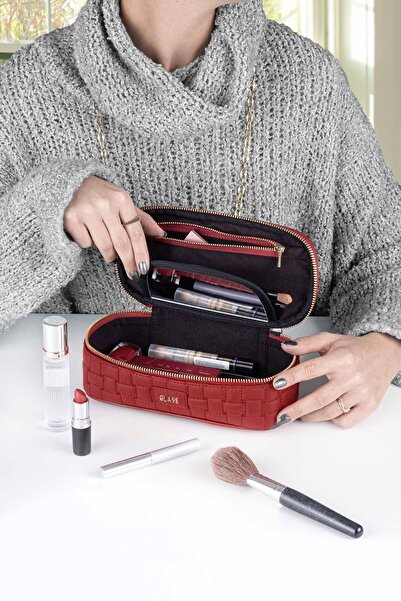 Tasarım Glase Kırmızı Makyaj ve Seyahat Çantası Örgü Kapitoneli Hakiki Deri İ...