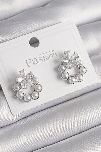 fashok Brass Silver Color Pearl Hoop Model Zircon Stone Flower Detail Women's Earrings