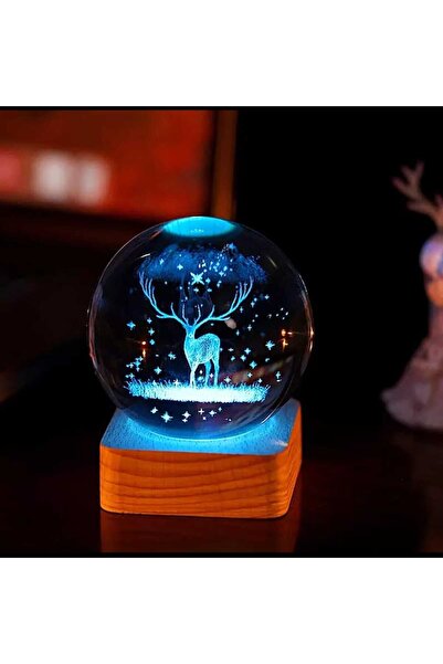 mr shopping MR Geyik Renk Değiştiren Işıklı Cam Küre Ahşap Soketli Gece Lamba...