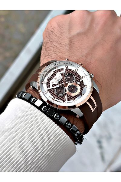 Reward Brown Silicone Sports Steel Case Business Men's Wrist Watch + Bracelet