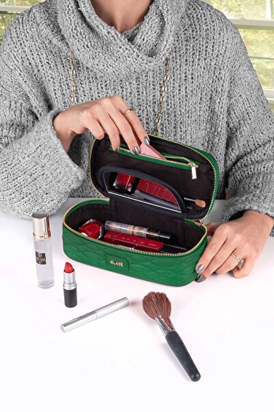 Tasarım Glase Yeşil Makyaj ve Seyahat Çantası Dalga Kapitoneli Hakiki Deri İç...