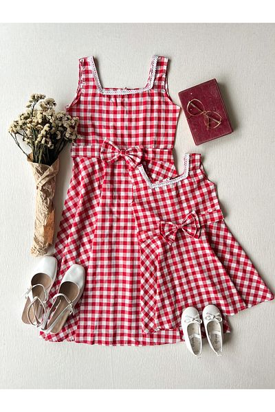 KÜÇÜĞÜM BUTİK Κόκκινο Gingham Strappy τετράγωνο γιακά Συνδυασμός μητέρας-κόρης
