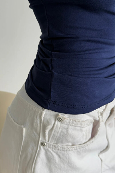 Ladima Жіноча темно-синя бавовняна м'яка еластична блуза з широким коміром і драпіруванням