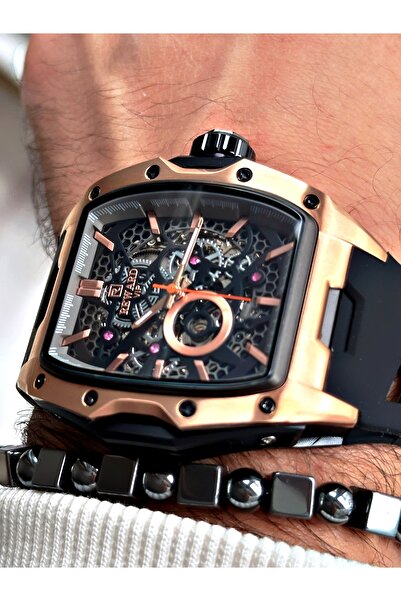 Reward Black Color Steel Case Automatic Sport Silicone Business Men's Wrist Watch+Bracelet
