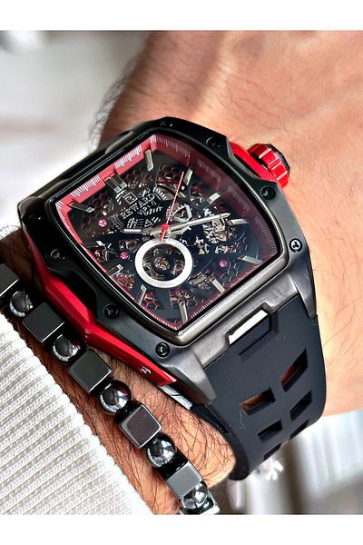 Reward Black Color Steel Case Automatic Sport Silicone Business Men's Wrist Watch+Bracelet