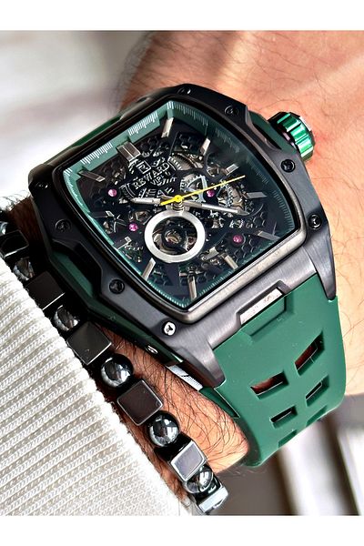 Reward Black Color Steel Case Automatic Sport Silicone Business Men's Wrist Watch+Bracelet