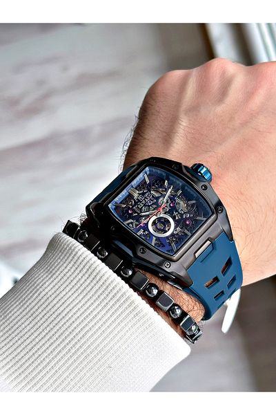 Reward Black Color Steel Case Automatic Sport Silicone Business Men's Wrist Watch+Bracelet
