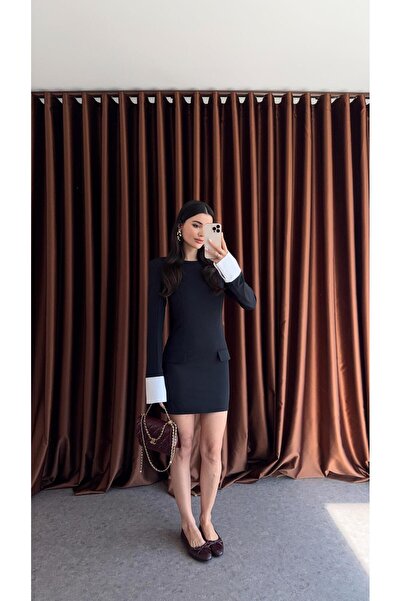 HAZELANNA Manşetli Vatkalı Lacivert Premium Elbise