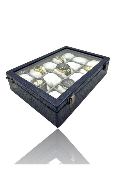 Dijital Çarşı Diji 15Pcs Crocodile Navy Blue Watch Box and Watch Case