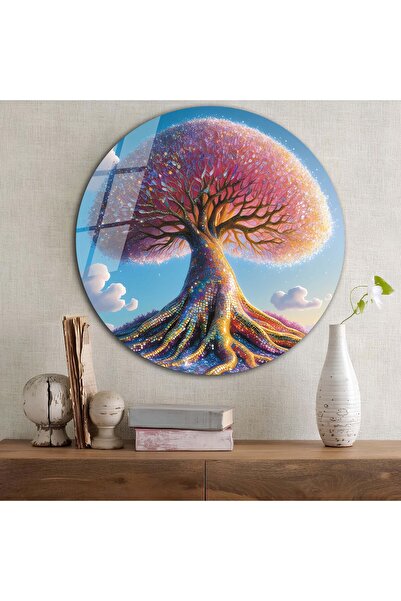 bestdecor Šareno drvo života, okrugli stakleni sto | Poklon, dekorativno, kan...