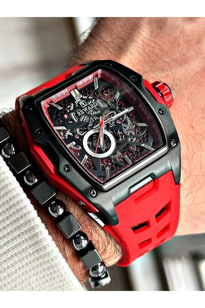 Reward Black Color Steel Case Automatic Sport Silicone Business Men's Wrist Watch+Bracelet