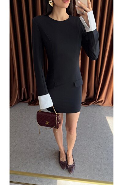 HAZELANNA Manşetli Vatkalı Lacivert Premium Elbise