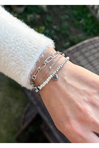 takıtarzım طقم لؤلؤ ذهبي مكون من 3 أساور نسائية فضية