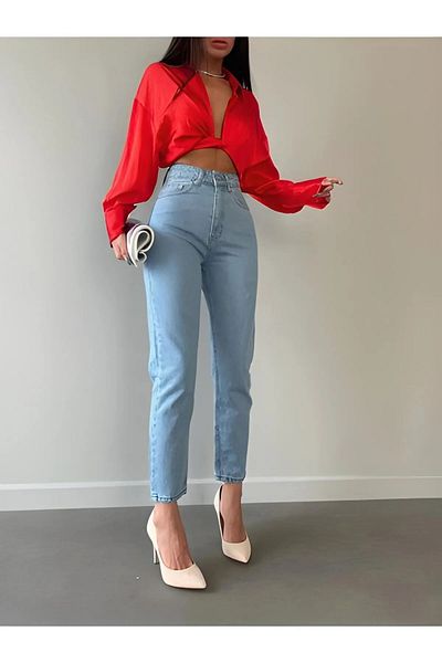 JILLY Saşa Kar Mom Pantaloni blugi Boyfriend din Lycra cu talie înaltă albastru deschis