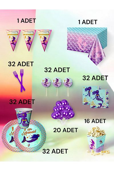 VibeHome Mermaid Themed XL Pack for 32 - Birthday Party and Fun Events