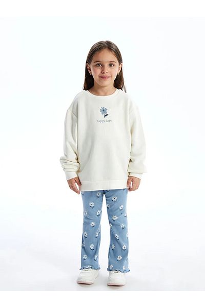 LC Waikiki Ecru Baby Girl Floral Print Sweatshirt and Leggings - Crew Neck Set of 2