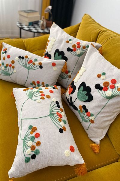 e-Bizz Store Punch Embroidered 4 Pieces Throw Pillow Cover