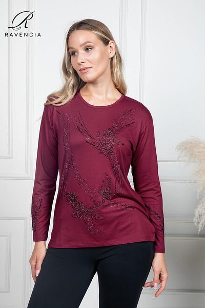 Ravencia Women's Middle-Aged and Above Covered Floral Print Stoned Embroidered Lycra Red Mother's Combed Cotton Blouse