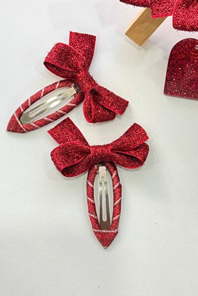 Eliya Clips 2'Li Kırmızı Parlak Simli Yılbaşı El Yapımı Çıtçıt Toka Seti
