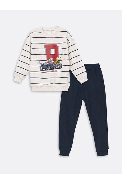 LC Waikiki Crew Neck Printed Men's and Children's Sweatshirt & Sweatpants Set of 2