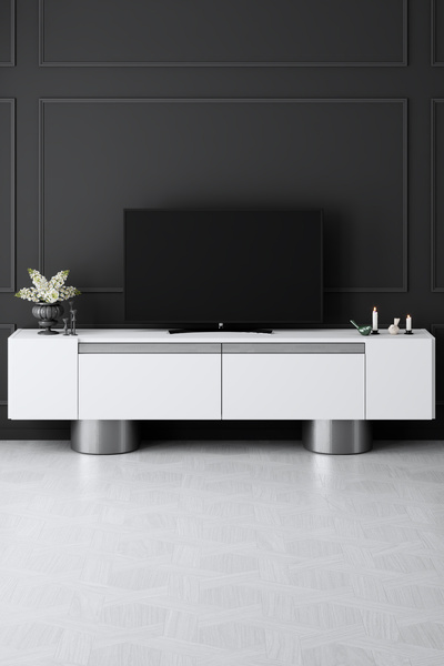 Modatte BOHEM GÜMÜŞ METAL AYAKLI KROM TASARIM BEYAZ TV ÜNİTESİ