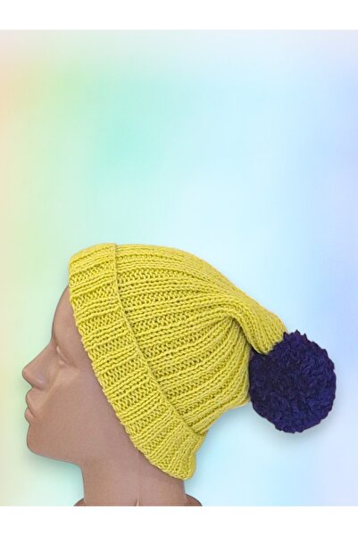 Ece Örgü Tasarım Atölyesi Sarı Renkli, Mor Ponponlu, Tamamen El Örgüsü Kışlık...