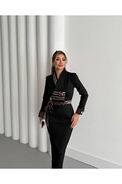 1Moda1Tarz Γυναικείο φόρεμα ειδικής σχεδίασης με εισαγόμενο ύφασμα με μοτίβο λεοπάρ και κεντημένο με πέτρα