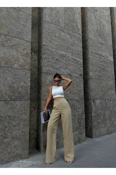 LB Laluna Butik Γυναικείο λινό ψηλόμεσο παντελόνι Palazzo