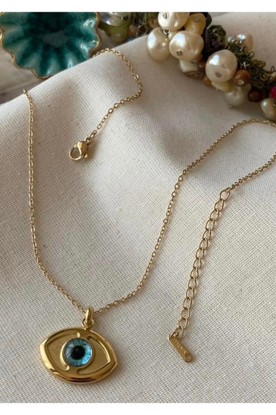 SU PERİSİ TAKI BİJUTERİ Çelik Gold Mavi Göz Model Kolye