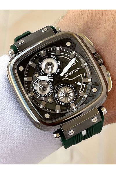 Quantum Function Green Color 10 Atm Waterproof Silicone Cord Steel Case Men Wristwatch