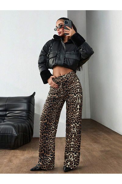 SERBA Leopard Pattern Gabardine Fabric Wide Leg Trousers