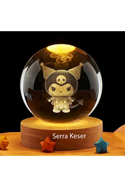 keyfim shop Kişiye Özel Işıklı Ahşap Kaideli Kuromi Cam Küre 8cm*6cm