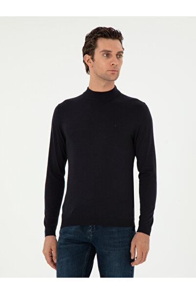 Cacharel Navy Blue Slim Fit Cashmere Silk Blended Quarter Turtleneck Knitwear...