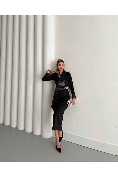 1Moda1Tarz Γυναικείο φόρεμα ειδικής σχεδίασης με εισαγόμενο ύφασμα με μοτίβο λεοπάρ και κεντημένο με πέτρα