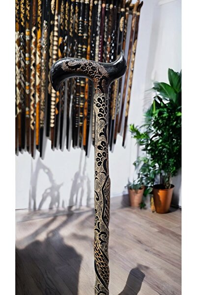 AHŞAPCİTY Özel işlemeli Yılan Kabartmalı Devrek Bastonu (Kızılcık Ağacı)